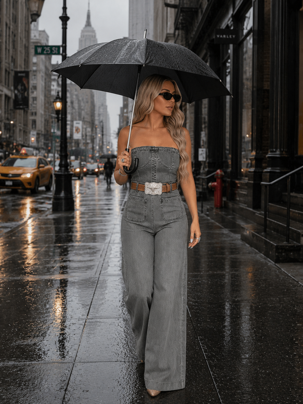 Tube Top Denim Print Wide-Leg Jumpsuit