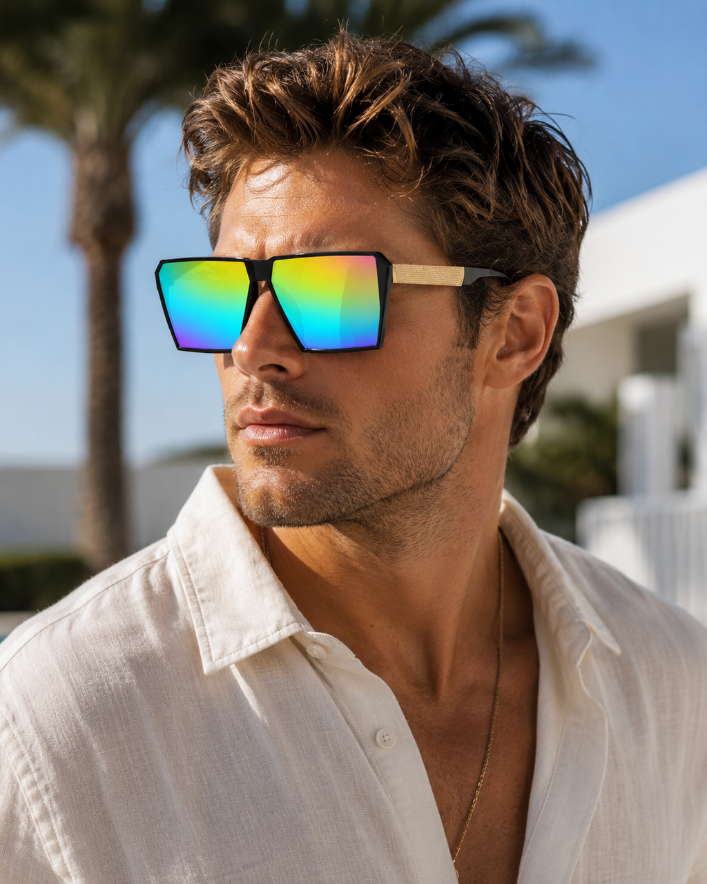 New Unisex Retro Square Oversized Reflective Sunglasses w/ Gold Legs
