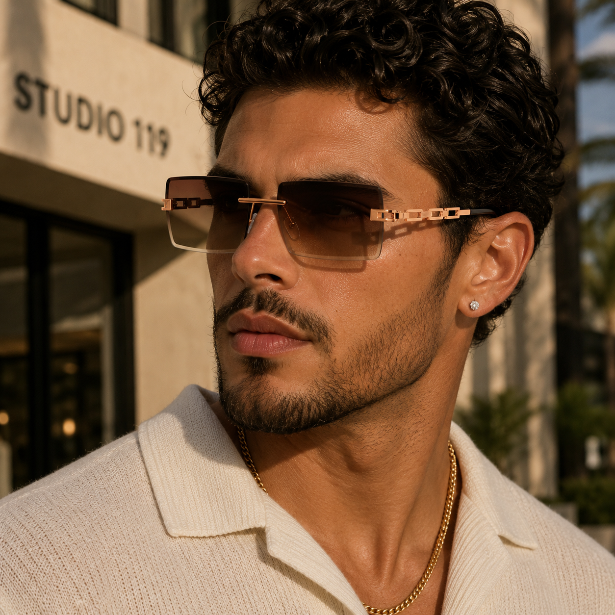 Unisex Rectangle Frameless Sunglasses W/ Metal Chain Leg