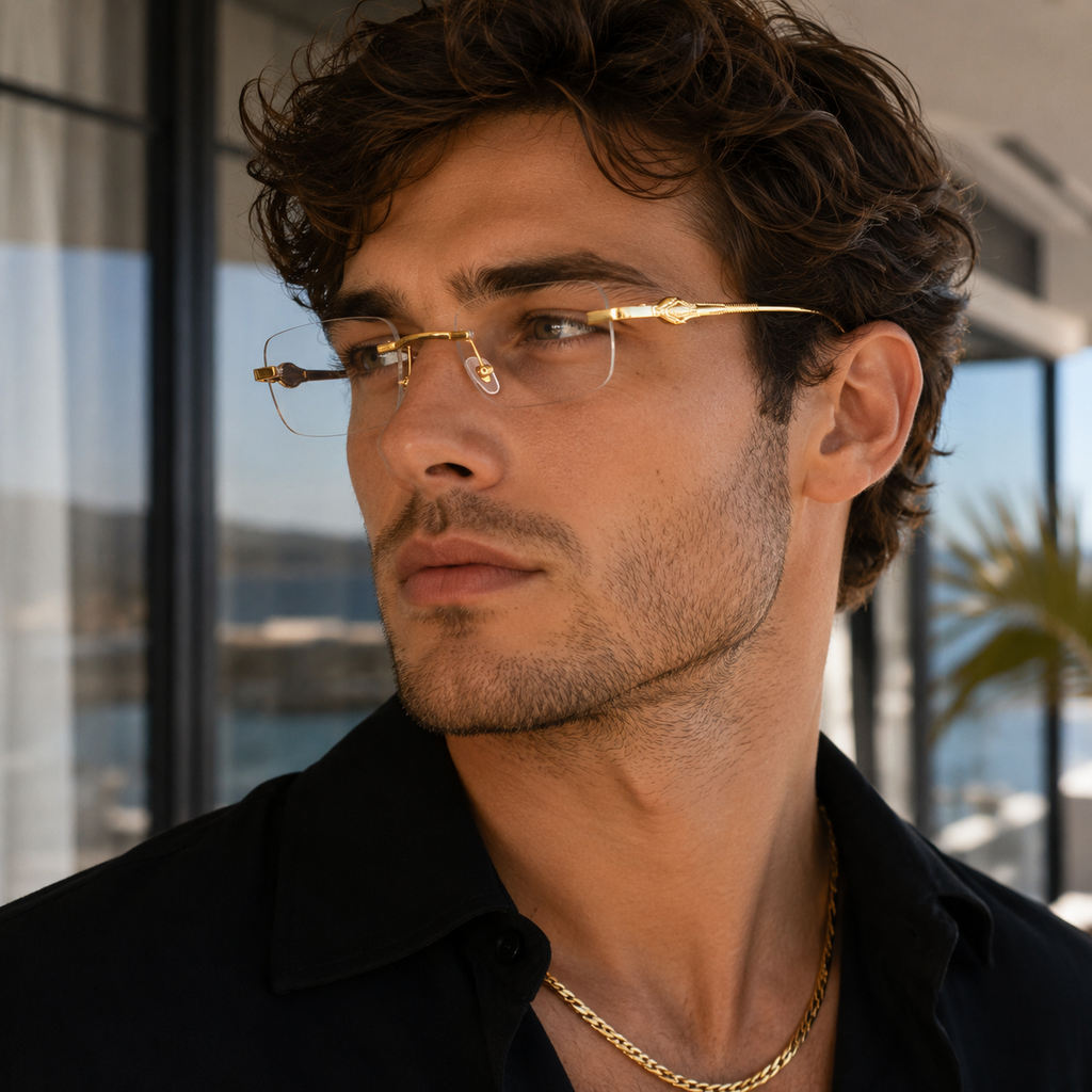 Small Frameless Rectangle Sunglasses w/ Metal Leopard Head