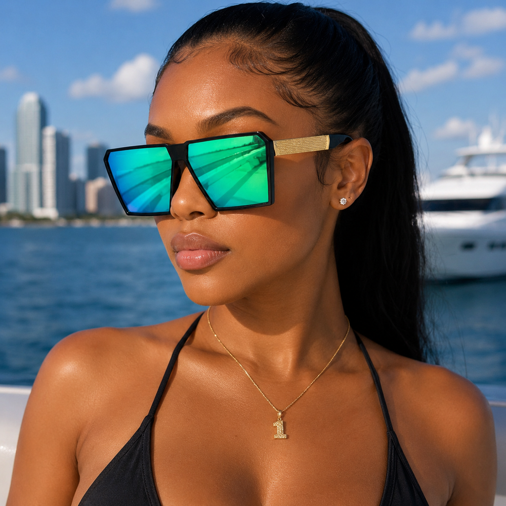 New Unisex Retro Square Oversized Reflective Sunglasses w/ Gold Legs