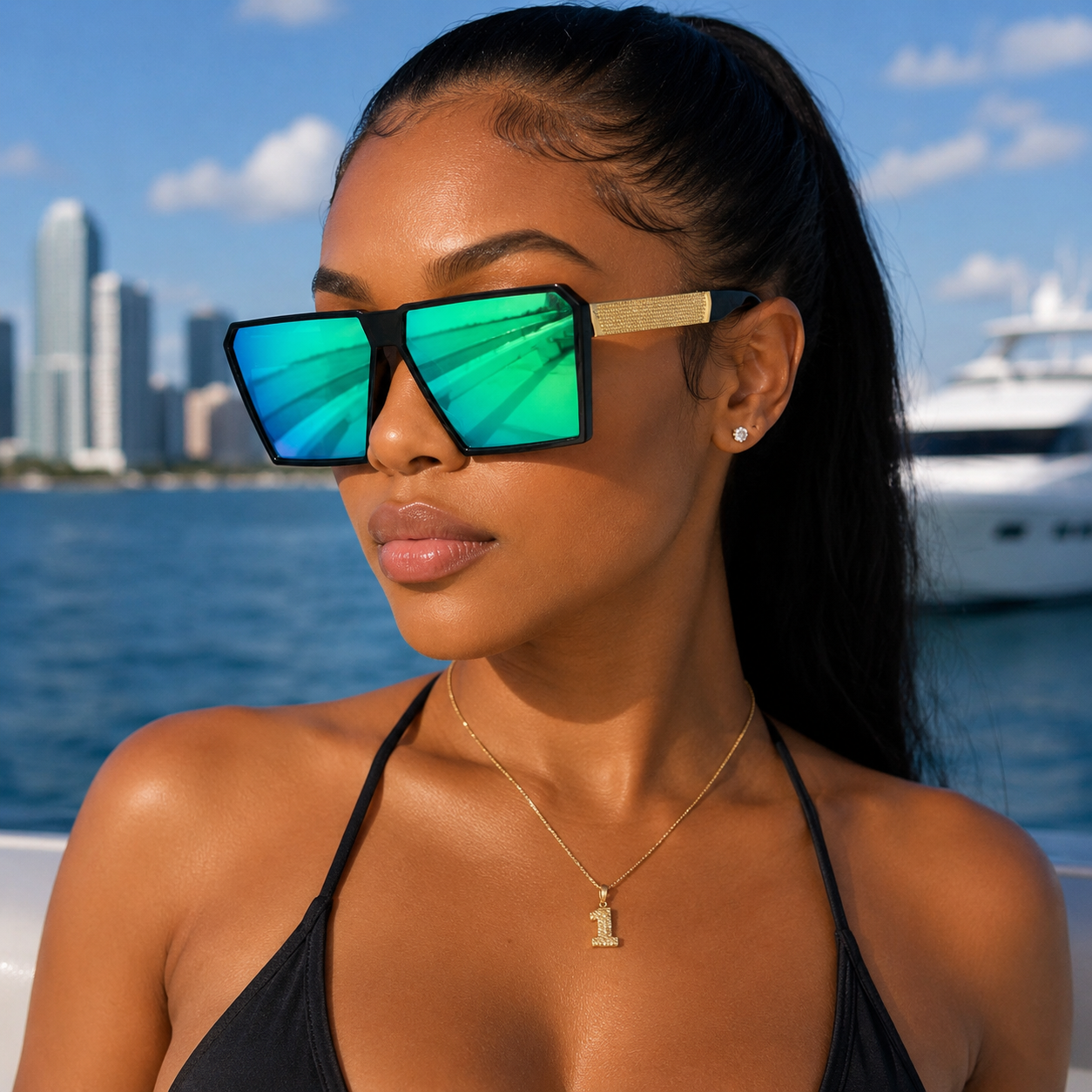 New Unisex Retro Square Oversized Reflective Sunglasses w/ Gold Legs