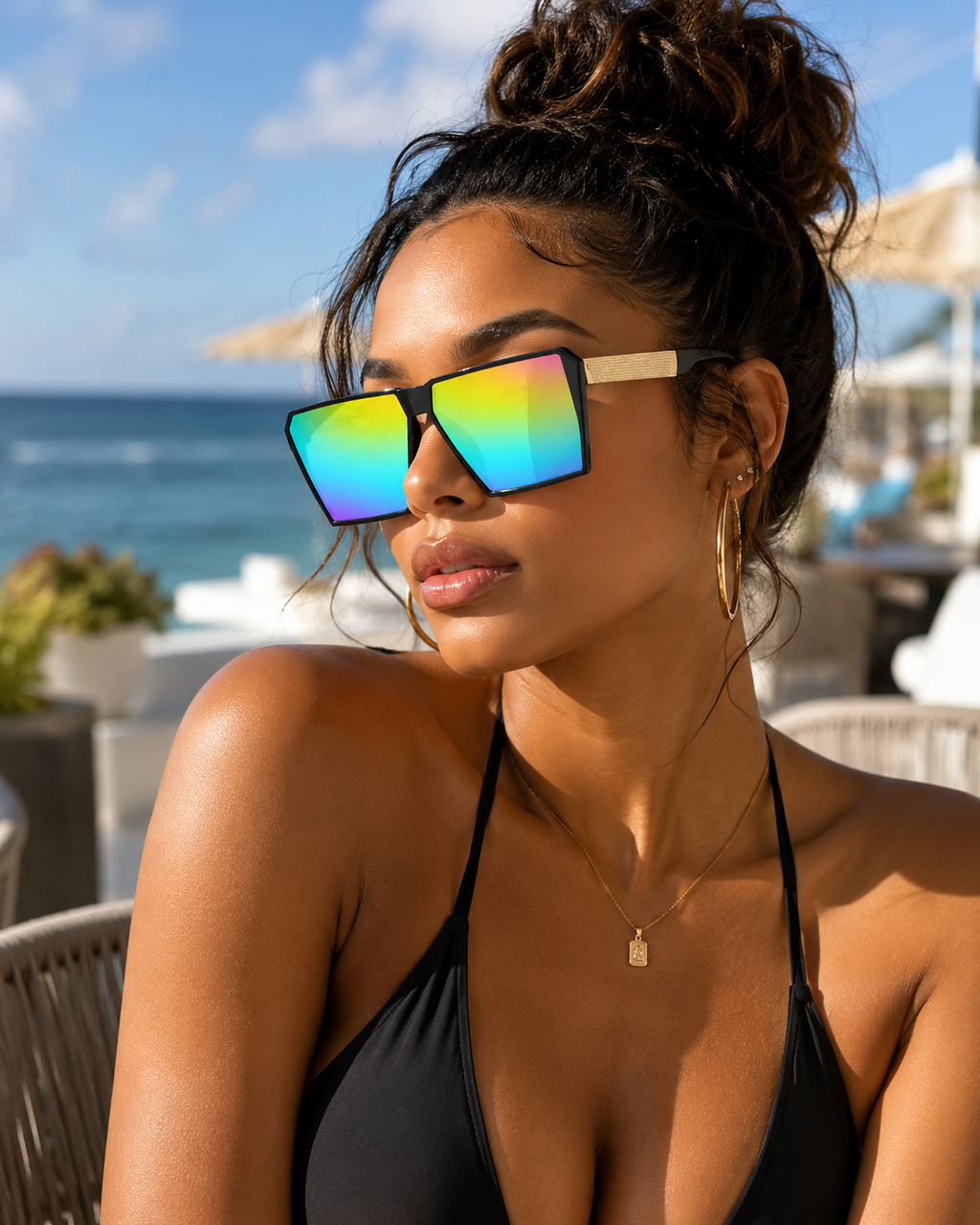 New Unisex Retro Square Oversized Reflective Sunglasses w/ Gold Legs