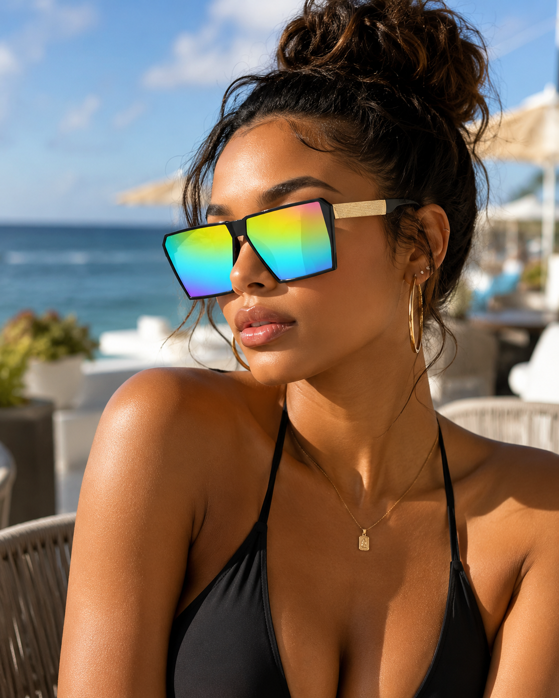 New Unisex Retro Square Oversized Reflective Sunglasses w/ Gold Legs