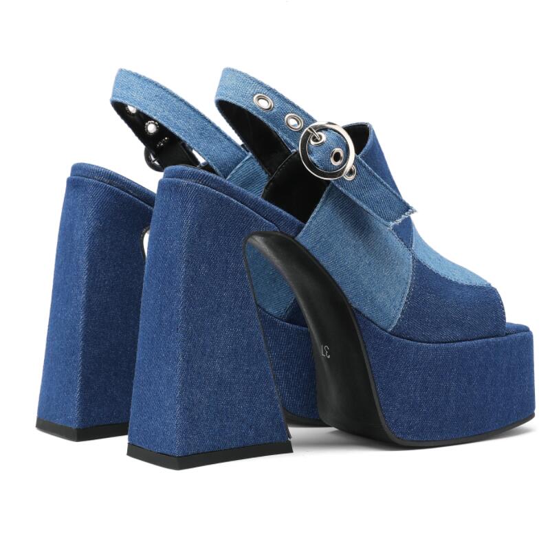 Women's Denim Fish Mouth Splice Platform Heel w/ Sling Back Strap