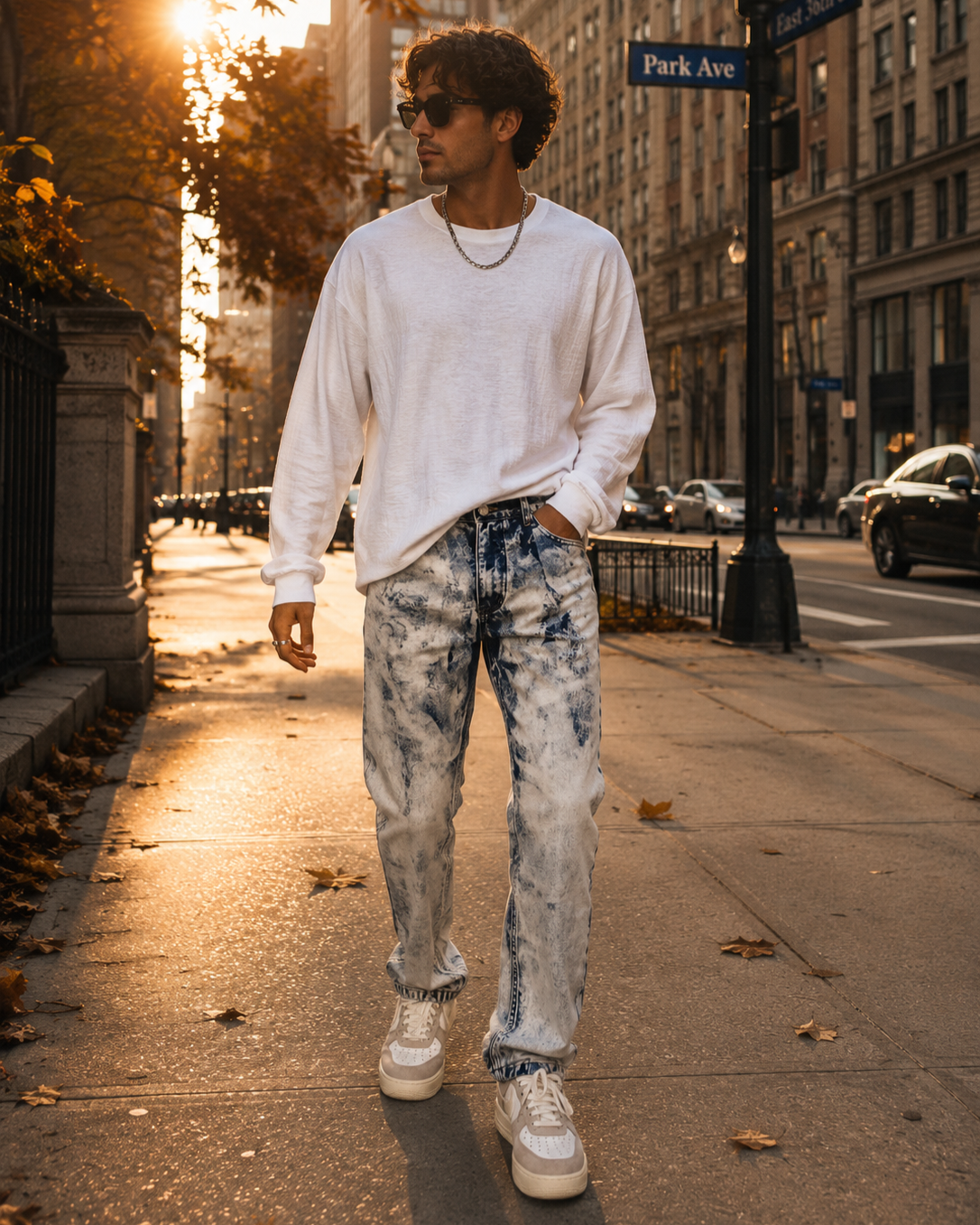 Men's Tie-Dye White Street Style Straight Slim Denim Pants