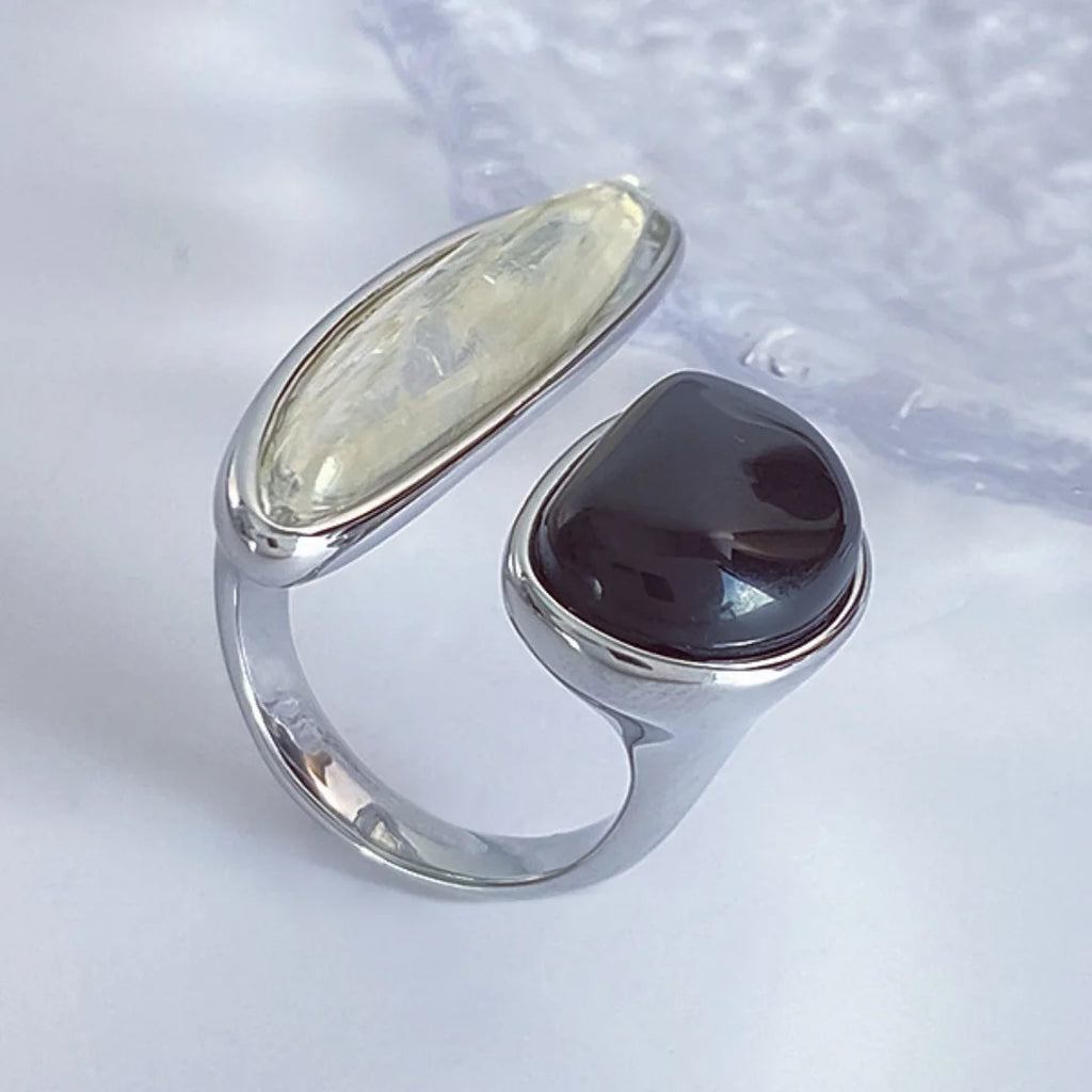 18K Gold Adjustable Ring w/ Faux Black Pearl