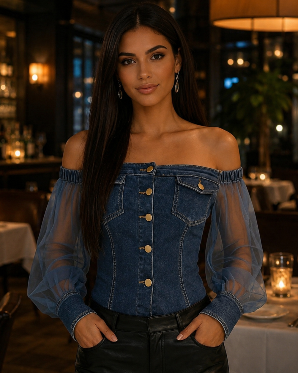 Womens Denim Off-Shoulder Chiffon Long-Sleeve Top