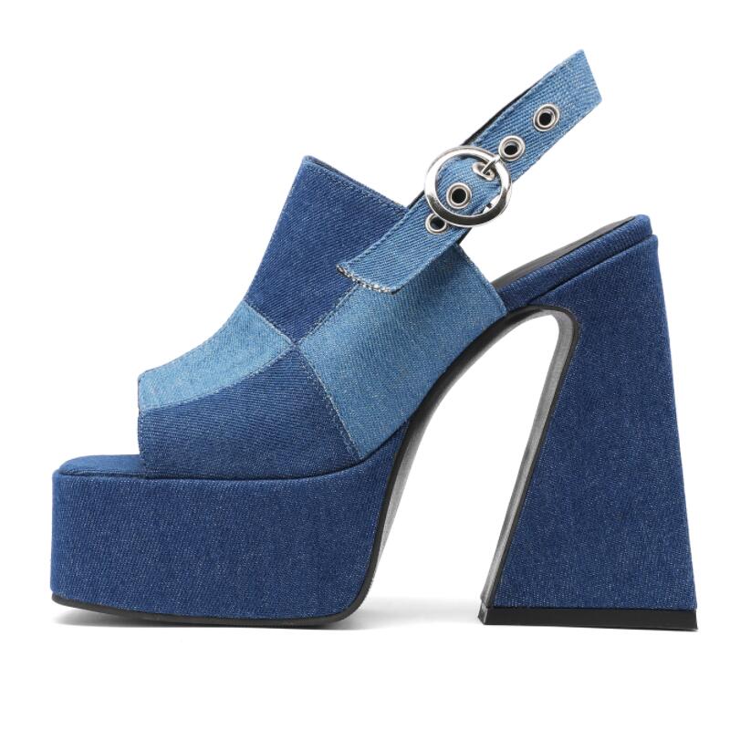 Women's Denim Fish Mouth Splice Platform Heel w/ Sling Back Strap