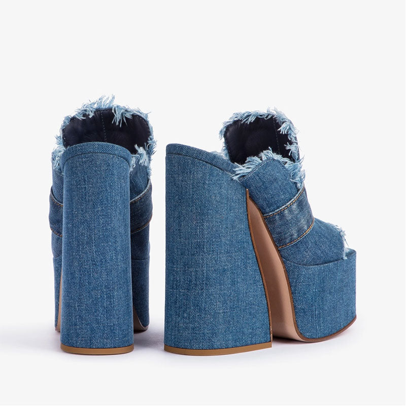 Women's Fish Mouth Denim Muller Platform Heel w/ Frayed Edges