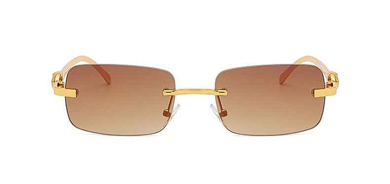 Small Frameless Rectangle Sunglasses w/ Metal Leopard Head