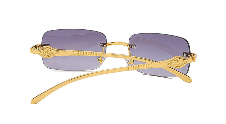 Small Frameless Rectangle Sunglasses w/ Metal Leopard Head