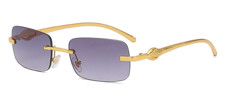Small Frameless Rectangle Sunglasses w/ Metal Leopard Head