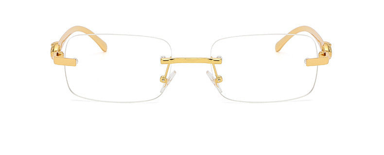 Small Frameless Rectangle Sunglasses w/ Metal Leopard Head
